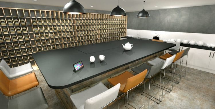 3D render of the blends for friends tea tasting room by rap's office interior designers
