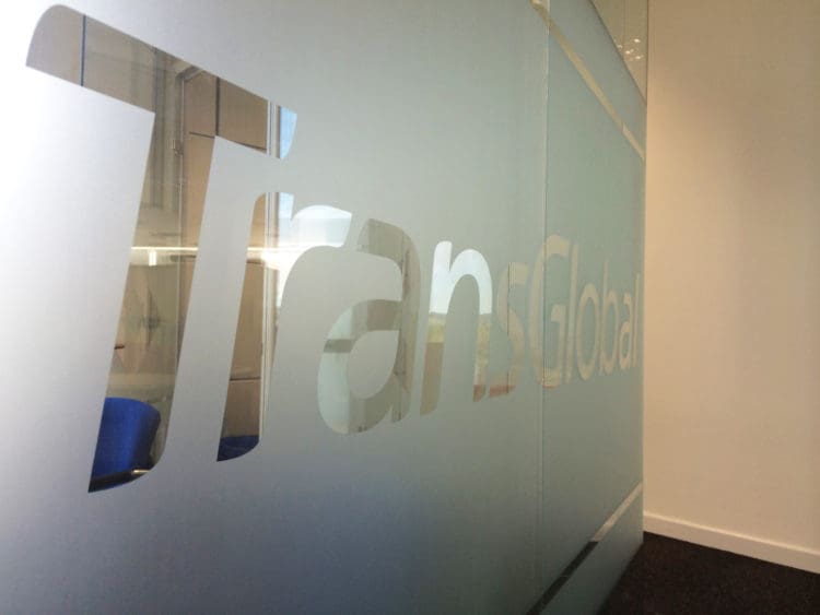 Transglobal Company Logo Office Glass Manifestation and Refurbishment