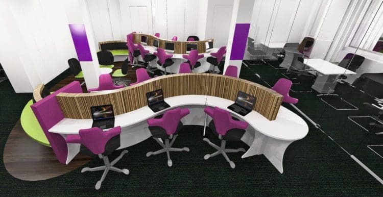 3D office interior design with snake desking
