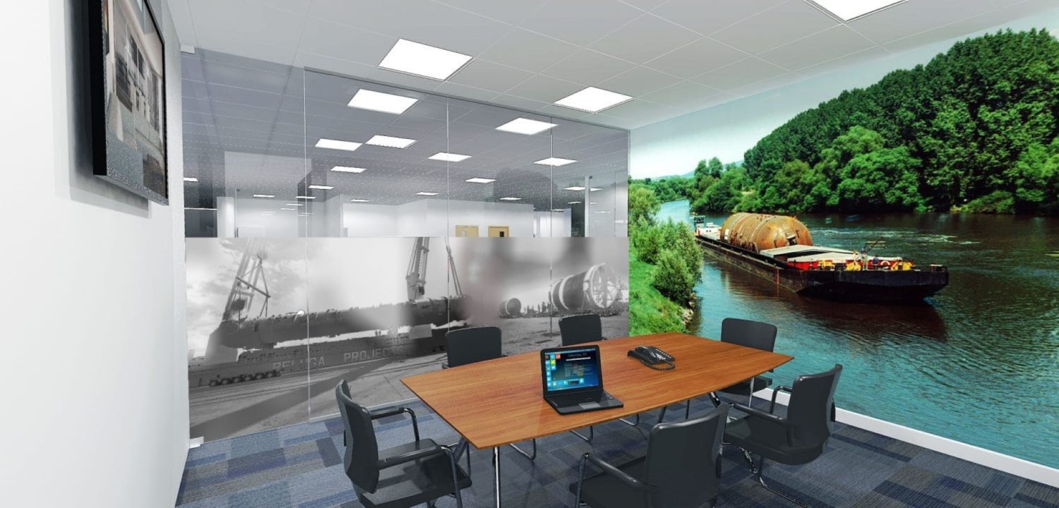 3D office refurbishment design with forest themed wallpaper  1500x720