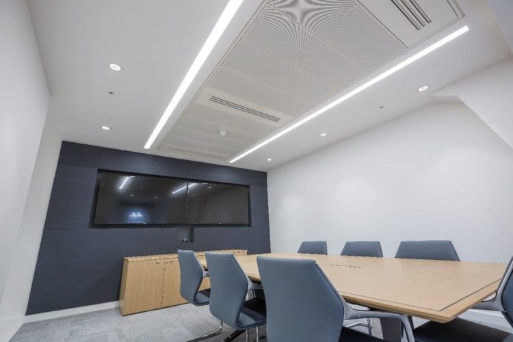 A fully furnished boardroom office refurbishment with LED downlights