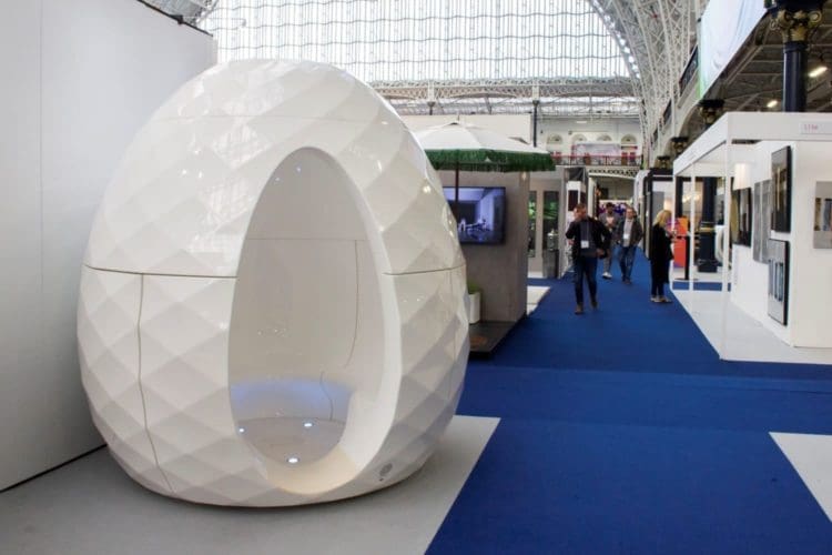 a futuristic egg shaped office pod on show at the london olympia