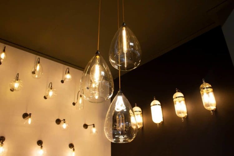 glass pear shaped hanging lights with filament bulbs