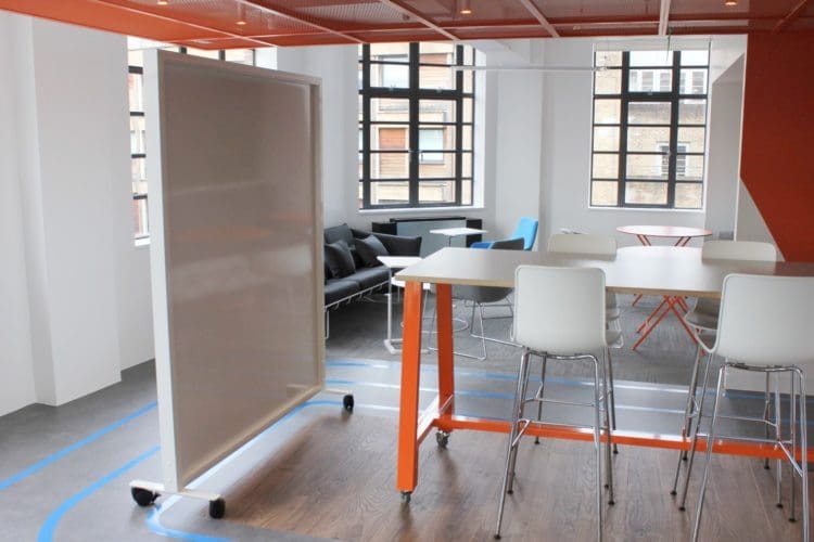 a portable whiteboard with wheels to enable coworking collaboration