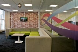 one of six commercial office design ideas: a glass partition with swirling manifestation