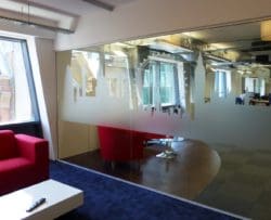 Office Reception Area Interiors with Brighton Themed Glass Manifestation