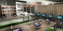 3D Interior Design of a classroom with tablets
