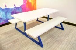 a breakout area bench and wipeable flooring