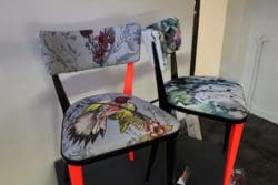 a chair upholstered with a colourful fabric on show at clerkenwell design week 2019