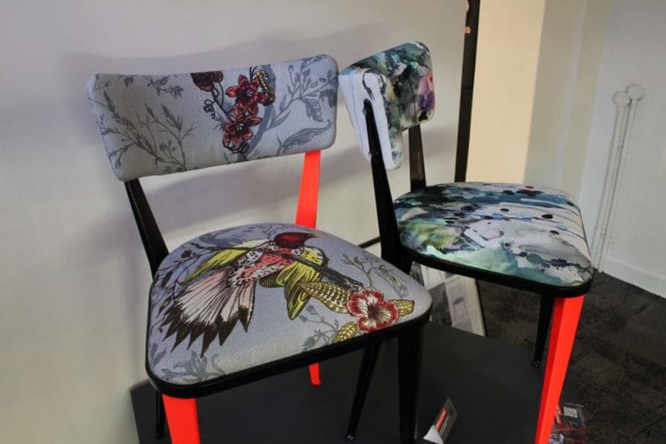 a chair upholstered with a colourful fabric on show at clerkenwell design week 2019