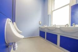 a finished school toilet fit out with a clue colour scheme and two urinals