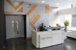 a london reception area with a geometric wall design at clerkenwell design show 2019