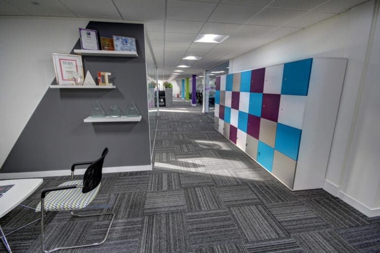 a unique commercial fit out with multicoloured office lockers