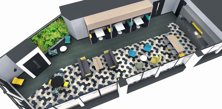 birds eye view 3D render of an office refurbishment in London