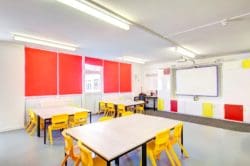 school interior design with yellow chairs and low level tables for children
