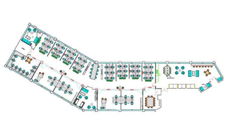 2d space planning drawing created for a co working space