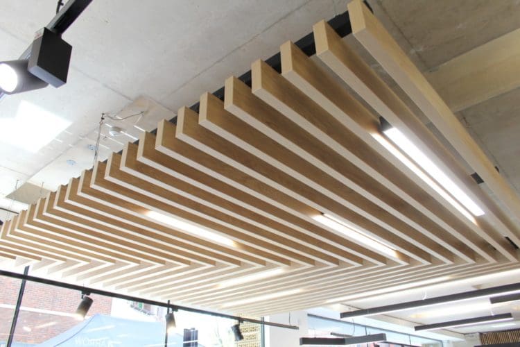 A suspended ceiling display with slats on display at Clerkenwell Design Week 2019