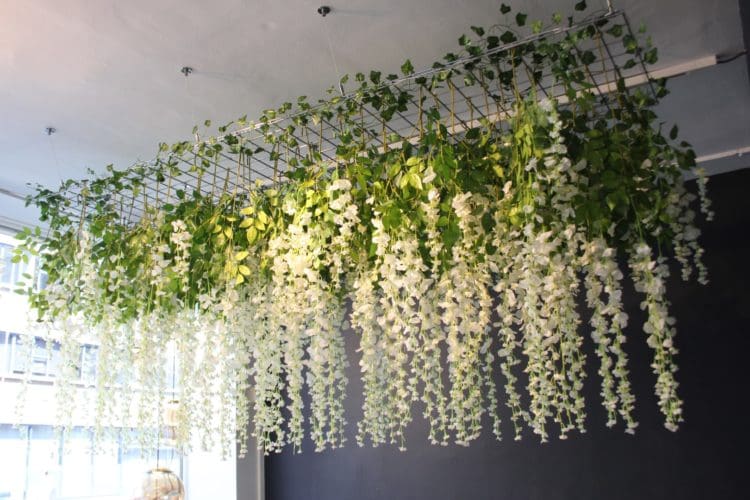 Biophilic office design with a suspended ceiling display