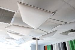 Modern geometric acoustic ceiling panels on display at Clerkenwell Design Week