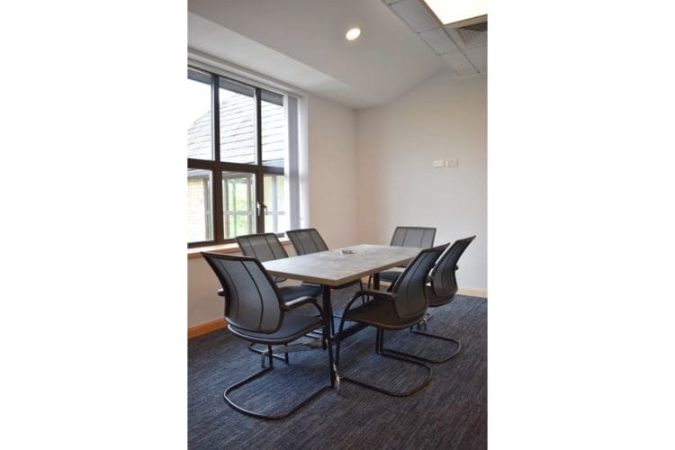 Office boardroom design with mesh back chairs and desk