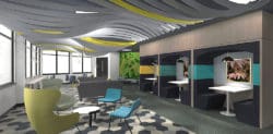 Office interior design in London with a suspended acoustic ceiling