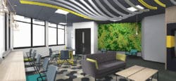 Workplace design in London with a moss feature wall and furniture solutions