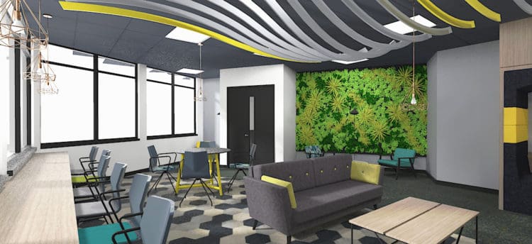 Workplace design in London with a moss feature wall and furniture solutions