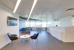 A modern London office space with a vibrant interior design scheme
