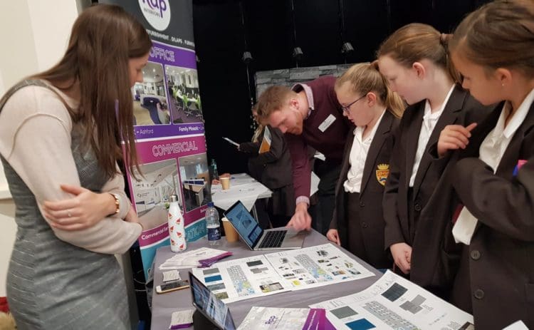 Sarah Harris and Chris Sparham of Rap Interiors at the Maidstone Grammar School for Girls careers fair