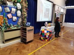Rap Interiors Operations Manager Emily Barton giving a talk at Holy Family Primary School