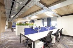 Open plan office with departments broken up by planters