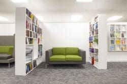 Office visitor waiting area and breakout space with a sofa and book shelf