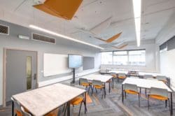 geometric carpets with acoustic ceiling panels in classroom school design