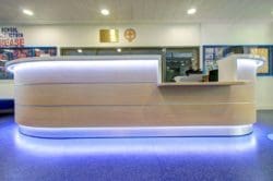 A reception desk with sensor LED lights