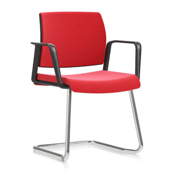 Kind meeting chair with red upholstery and black arms with chrome finish cantilever legs