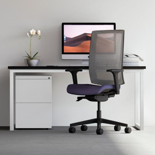 Kind office task chair with a high mesh black back and purple upholstered seat pad with a black nylon base.
