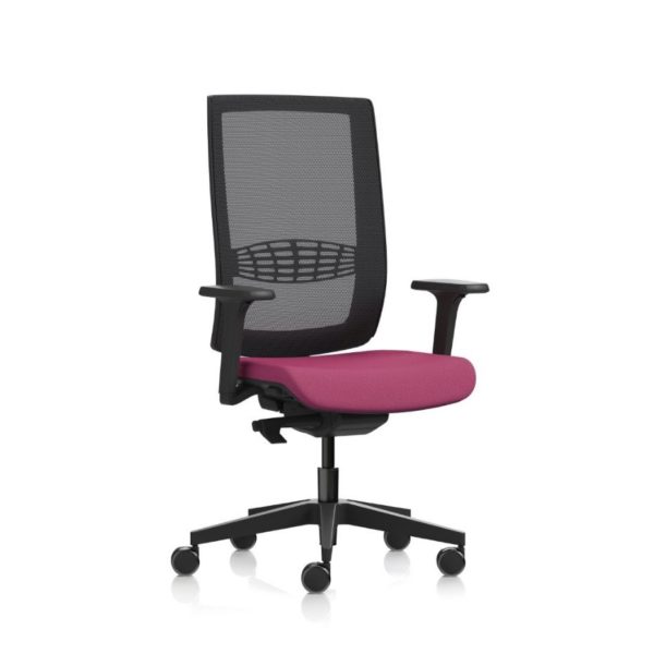 Kind high back office chair with a black mesh back and a pink upholstered seat pad that has a black nylon base