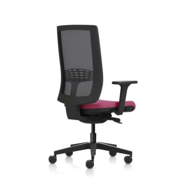 Kind high mesh back task chair with upholstered pink seat pad and a black nylon base