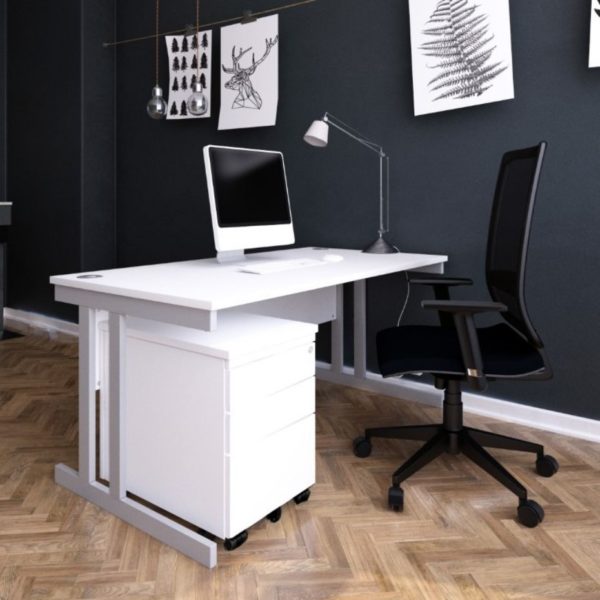 Solo desk with a white top and silver frame accompanied with an under-desk pedestal and task chair in a home office