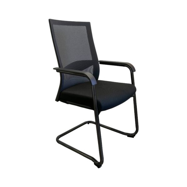 Black mesh back meeting chair with a black upholstered seat pad and a black finish cantilever leg