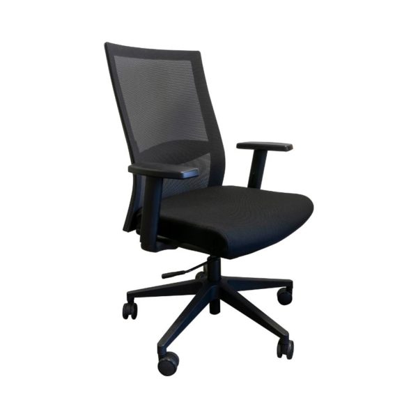 Black mesh high back office task chair with black upholstered seat pad and a black nylon spider leg base