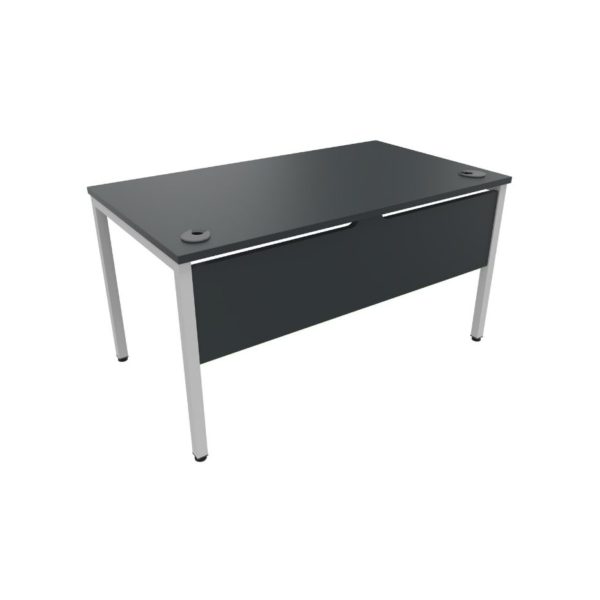 An office desk with a modesty panel in a grey top finish and a white leg frame with two cable ports
