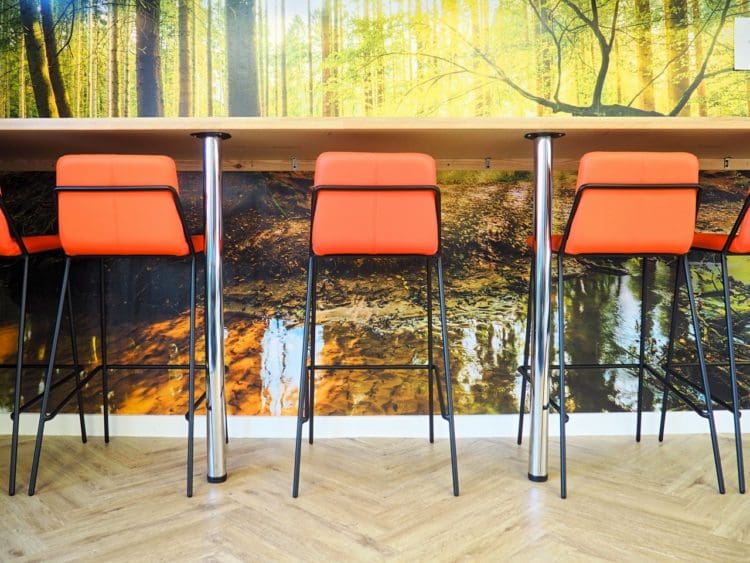 Neon orange bar stools in front of a nature inspired feature wall with a high bar table in a school coffee shop