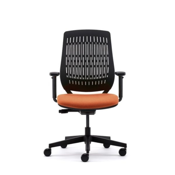 Bond office task chair with an orange upholstered seat pad and a flexible high back with adjustable ergonomic features