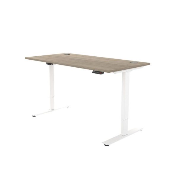 A electric height adjustable desk with a walnut finish top and white frame for offices