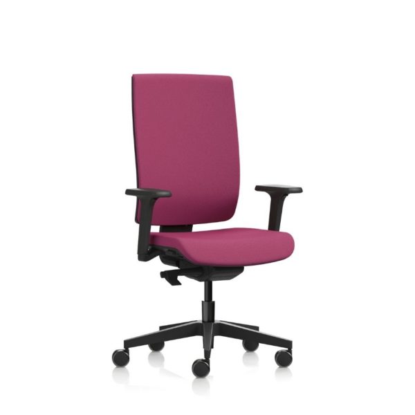 A high back upholstered chair in a fuchsia pink called Kind with adjustable lumbar support and a synchro mechanism