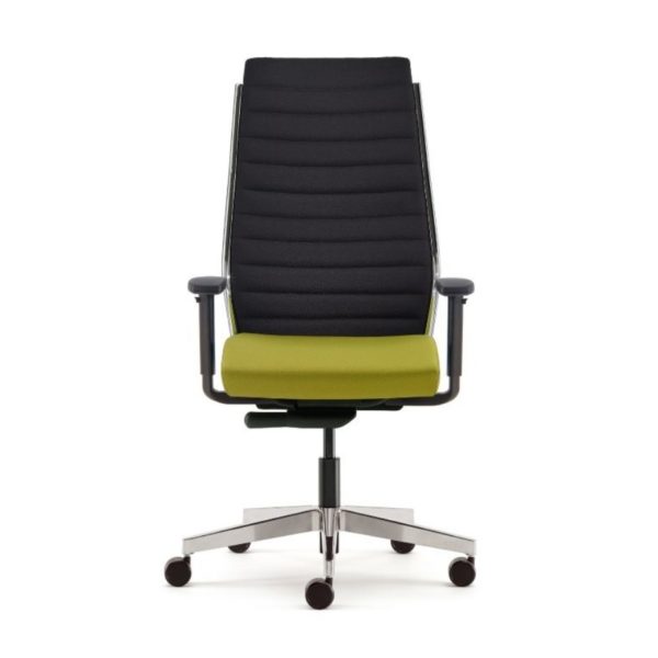 A luxurious senior management style office task chair with a black ribbed upholstered back and a lime green seat pad