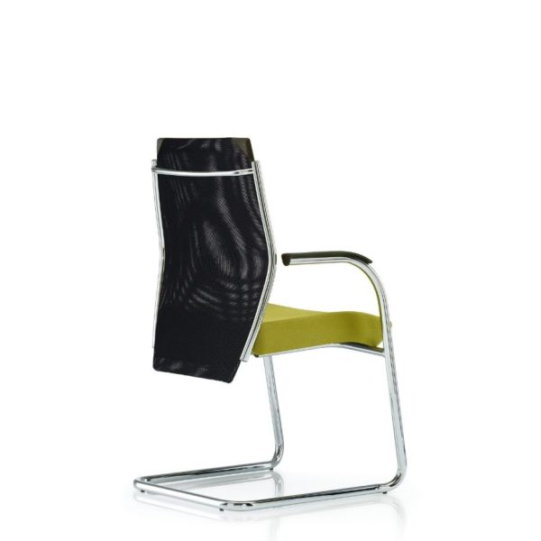 A luxury office meeting chair with a black mesh back, chrome finish frame and lime green upholstered seat.