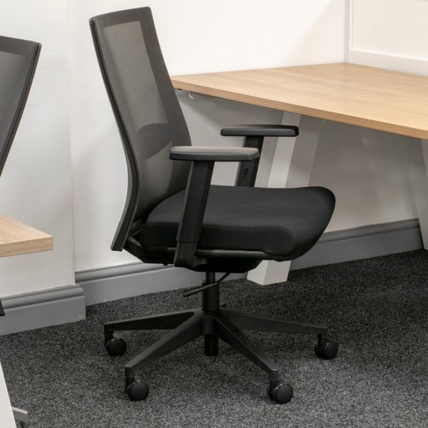 Black mesh back task chair with black upholstered seat pad and black finish spider leg base