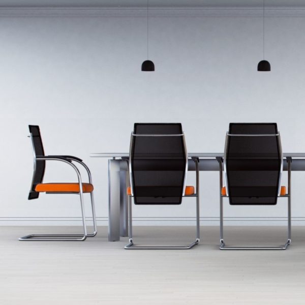 3 Plan office meeting chairs with an orange upholstered seat and black mesh back for meeting rooms and tables.